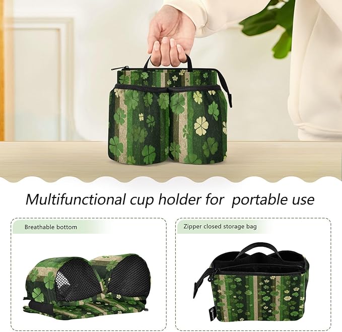 Luggage Cup Holder for Suitcases Free Hands Travel Cup Holder Portable Suitcase Cup Drink Holder Luggage Cup Caddy Bag Carrier Green Stripes Clovers