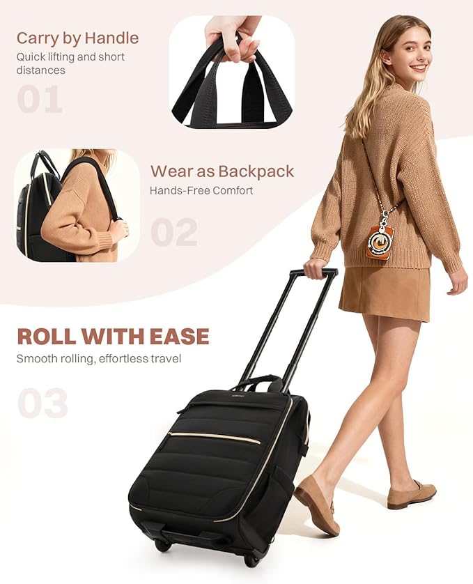 Rolling Puffer Backpack for Women, Travel Backpack with Wheels, 16 Inch Wheeled Laptop Backpck, Dual-Opening Design Overnight College Underseat Carry on Luggage, Roller Business Work Bag, Black