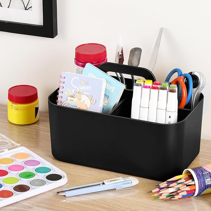 Multiuse Caddy Organizer with Handle, Portable Divided Plastic Tote Bin - Art Craft, Stationary Pen Marker Crayons, Makeup Hair Supplies Storage - Bathroom, Classroom, Dorm, Office, Desk Holder -Black