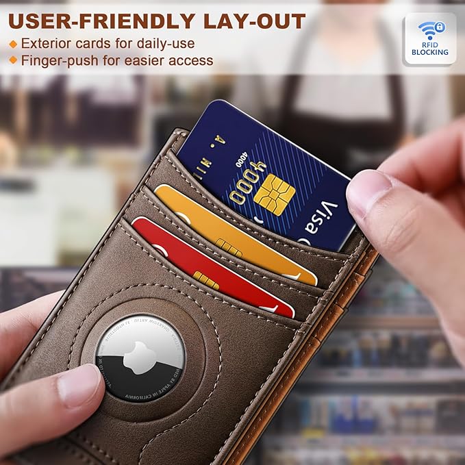 BULLIANT Men Airtag Wallet,Slim Wallet Money Clip Card Holder Magnetic Closure 12 Cards in Front Pocket RFID Blocking