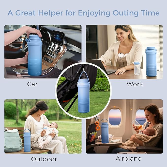 Momcozy 22oz Portable Breast Milk Cooler for Outdoor, Life Saver with 360° Total Cooling for 24 Hours, Larger Capacity Travel Breastmilk Chiller with 2pcs Baby Bottles for Breastmilk Storage, Blue