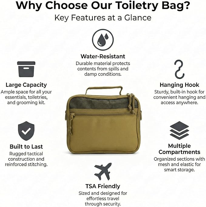 Mens Toiletry Travel Bag, Tactical Toiletry Bag for Men, Bathroom Hanging Travel Toiletry Bag for Men Shaving Hygiene Bag Travel Toiletry Organizer Short Trips Bag, Khaki