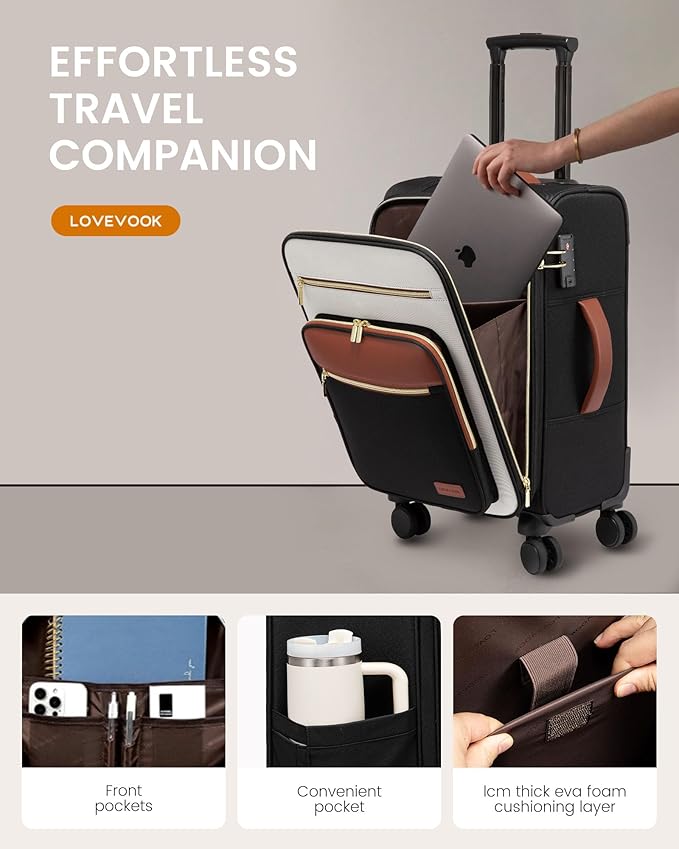 LOVEVOOK Carry on Suitcase 22x14x9 Airline Approved,20 inch Lightweight Waterproof Suitcases with 360° silent swivel wheels, TSA Lock and Compartment, Large Capacity travel Suitcase Black-gray-brown