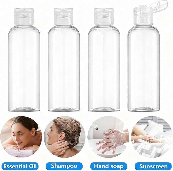 4 Pack 3.4 Oz (100ml) TSA Approved Travel Bottles for Toiletries, Leak Proof Plastic Travel Essentials Accessories with Labels | 4 Pack, TSA Approved, for Toiletries, Leak Proof, with Labels