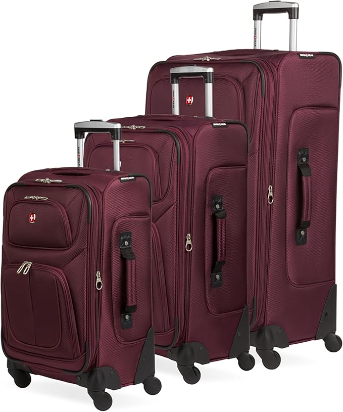 SWISSGEAR Sion Softside Expandable Spinner Luggage Durable Lightweight Travel Suitcase, Merlot, 3-Piece Set (21/25/29)