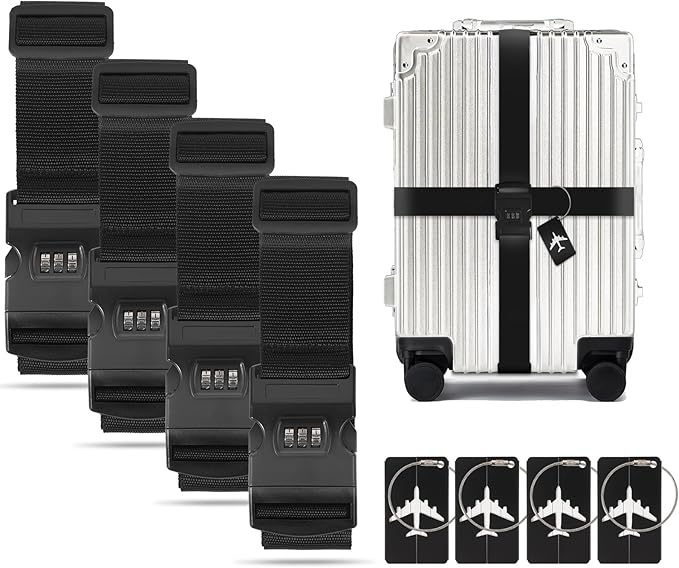 BILIONE 4 Pack Luggage Straps for Suitcases with Password Lock & Metal Tags, Adjustable Suitcase Belt & Travel Belt, Secure & Identify Luggage Connector Straps to Connect Two Bags 20-34 Inch Black