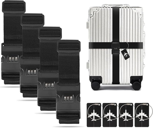 BILIONE 4 Pack Luggage Straps for Suitcases with Password Lock & Metal Tags, Adjustable Suitcase Belt & Travel Belt, Secure & Identify Luggage Connector Straps to Connect Two Bags 20-34 Inch Black