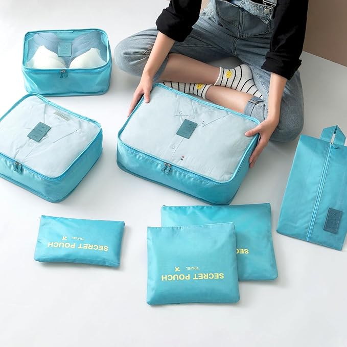 INVODA 7 piece Multi-size Packing Cubes for Travel Suitcase Organizer Bags Lightweight Travel Bags (Sky Blue)
