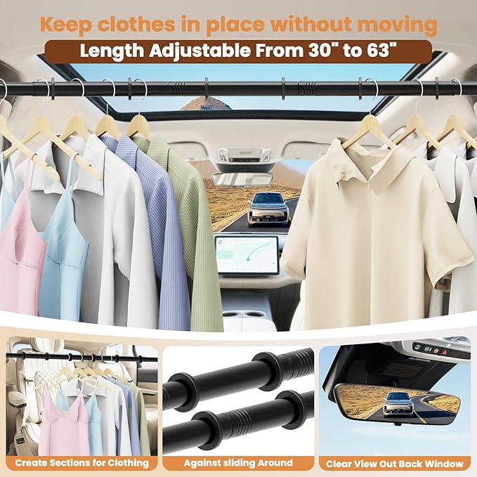 Car Hanging Accessories,Travel Hangers,Telescopic Adjustable 30-63 Inches for Compact & midsize Cars,Automotive,SUVs,Trucks,Black