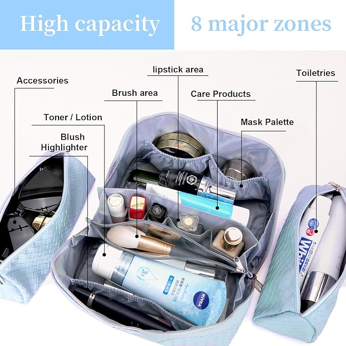 BOYATU Travel Makeup Bag Cosmetic Bags for Women: Large Capacity 3 Pcs Set Make up Bag with Compartments - Waterproof Vegan Leather Toiletry Organizer Bags with Handle (L04 Light Blue)