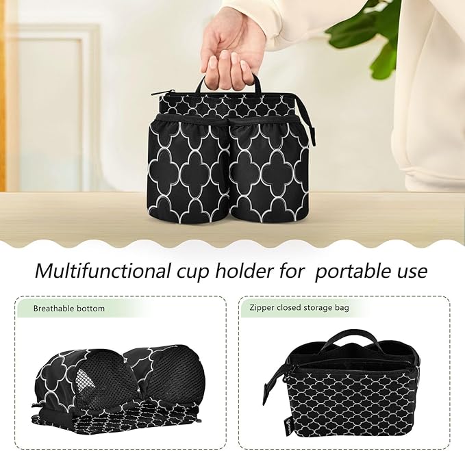 Luggage Cup Holder for Suitcases Free Hands Travel Cup Holder Portable Suitcase Cup Drink Holder Luggage Cup Caddy Bag Carrier Black Quatrefoil