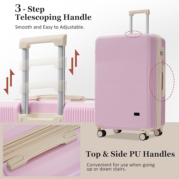 Merax Luggage Sets 5 Piece with Half-opening, Hardside 20" Carry On Suitcase Set with USB Port,Lightweight Travel 24" 28" Luggage with Bags TSA Locks Double Spinner Wheels,Light Pink