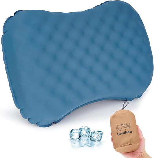 Camping Pillow with Ice Silk Memory Foam Cover - Ultralight Inflatable Pillow for Camping Lightweight, Ergonomic and Washable for Camping, Hiking, and Travel Blue