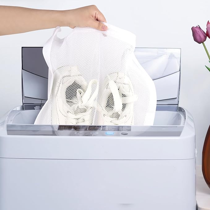 2 Pack Sneaker Dryer Bag 15.7x15.7 Inch Dry Net Bag for Dryer with Zipper and Strap for Shoes, White Large HoneyComber Mesh Bags for Washing Machine