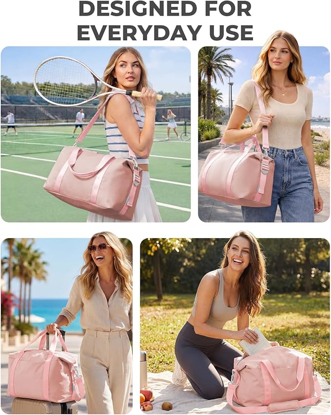 Percover Weekender Travel Duffel Bag for Women, Lightweight Soft-Structure 33L Carry-On, Water-Resistant Nylon with Shoulder Strap & Trolley Sleeve, Personal Item Friendly, Blush Pink
