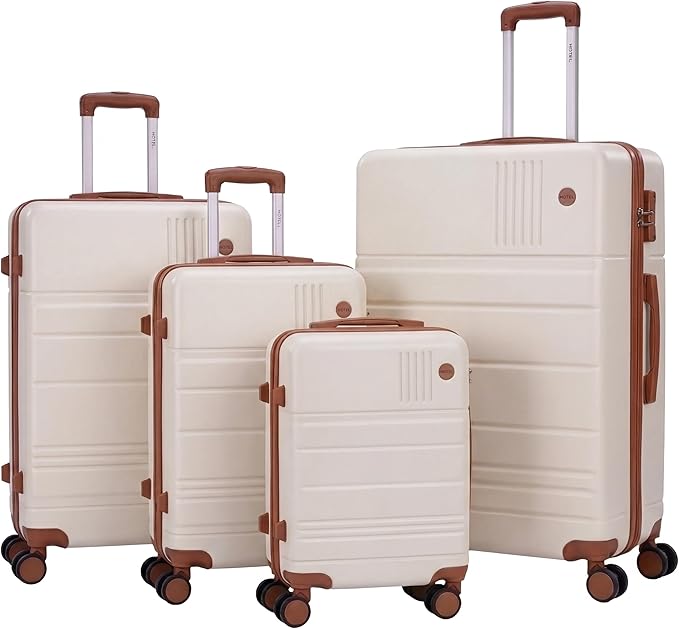Hoteel Luggage Sets 4 Piece, 4-Year Warranty, Carry-On Luggage with Dual-Spinner Wheels, PC+ABS Hardside Suitcase Set with TSA Lock, Large Checked Travel Suitcases, Beige(16/20/24/28)