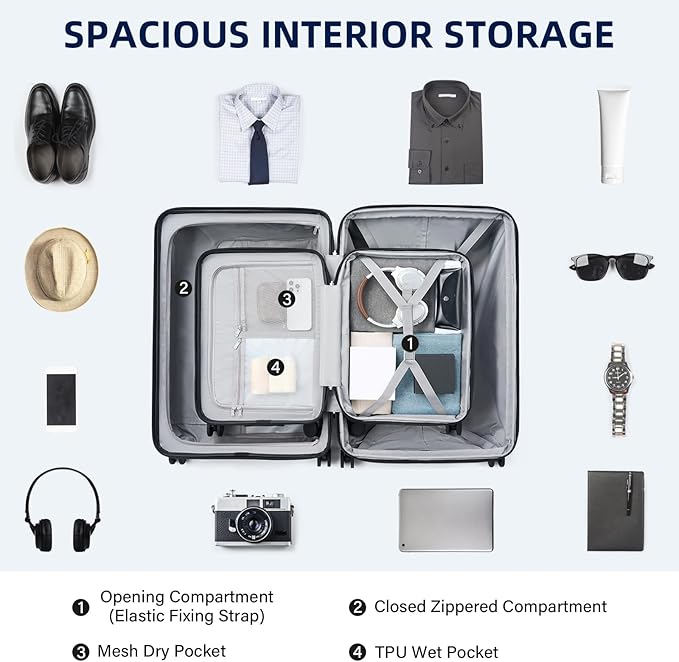 HanTrip Hard Shell Suitcases Expandable Travel Luggage Sets 2 Piece, Carry on and Check in Luggage Lightweight Suitcase Set 2 Piece with Wheels Cup Holder Charger Built in (Caribbean Blue, 20/28)