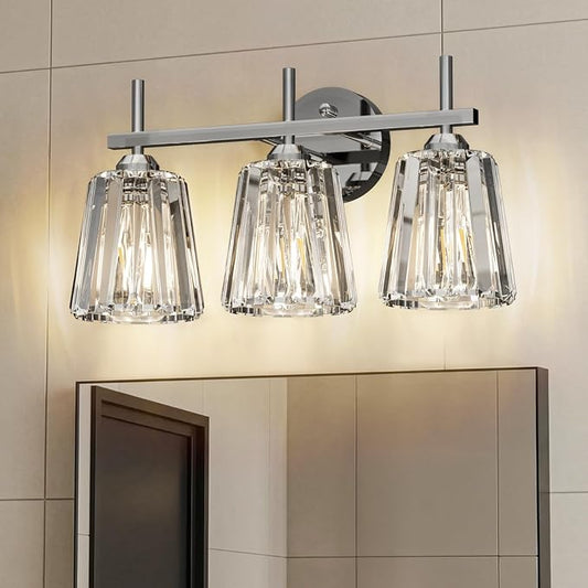 Crystal Bathroom Light Fixtures Over Mirror, Chrome 3-Light Bathroom Vanity Lights Over Mirror Modern Wall Lighting Sconces with Ceramic E26 Base (Bulbs Not Include)