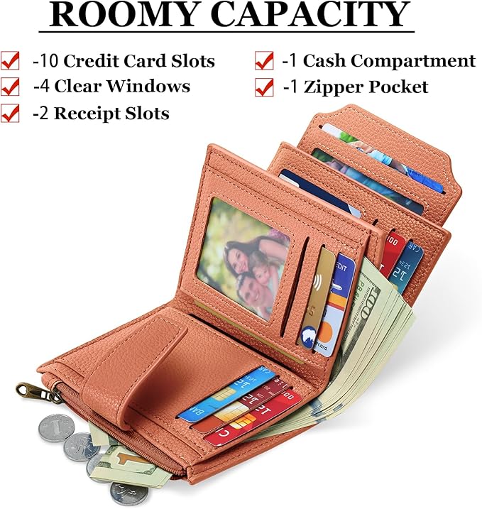 Airkit Small Wallet Women RFID Blocking Soft Leather Bifold Compact Card Holder Wallet for Women with Zipper Coin Pocket 4 ID Window