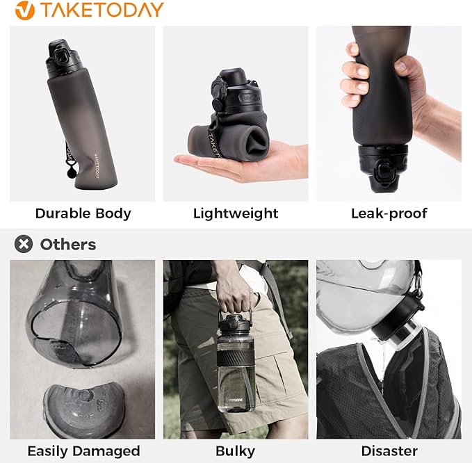 TakeToday Collapsible Water Bottles 32oz, Foldable Travel Bottle, TSA-Approved Leakproof Newly Silicone Water Bottle for Hiking, Travel, Outdoors, Black