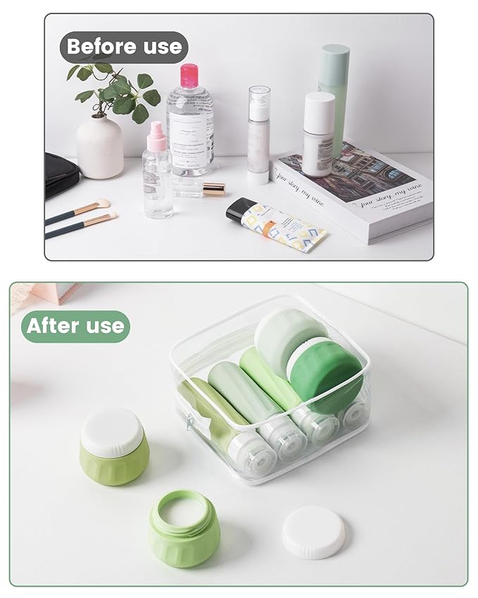 Travel Size Toiletries 8 Pack, TSA Approved 3oz Silicone Squeeze Bottles & Cream Jars with Clear Travel Bag