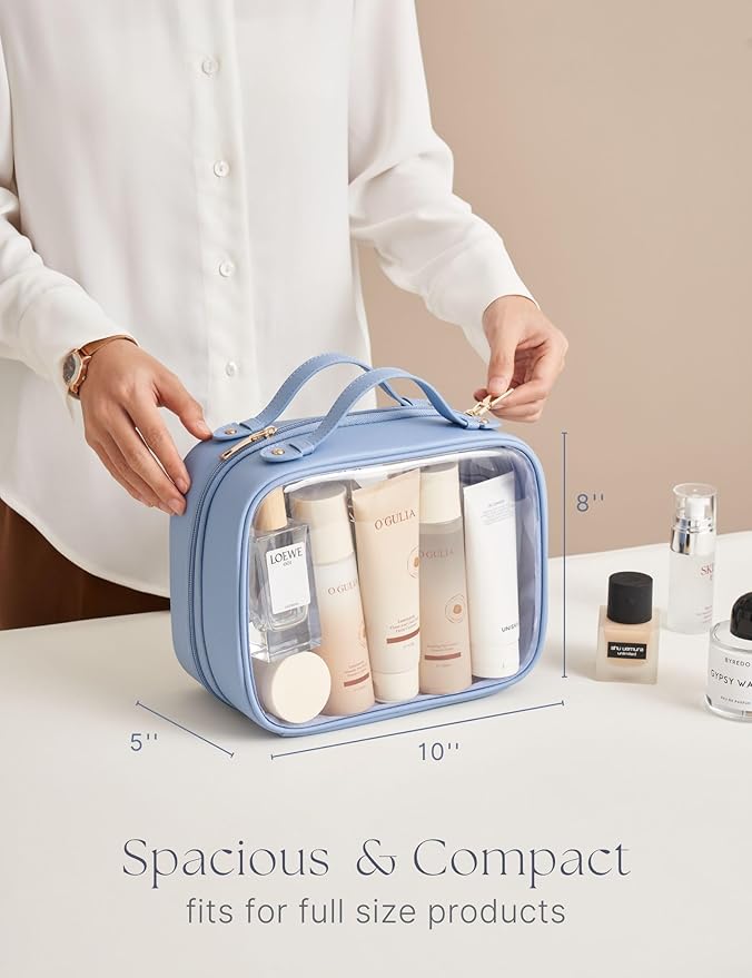 Clear Cosmetic Bag Double Layer Travel Toiletry Bag Clear Makeup Bag Case with 4 Compartments, Transparent Travel Bag for Toiletries, Large Toiletry Bag for Women Cosmetic Case (Blue, Large)