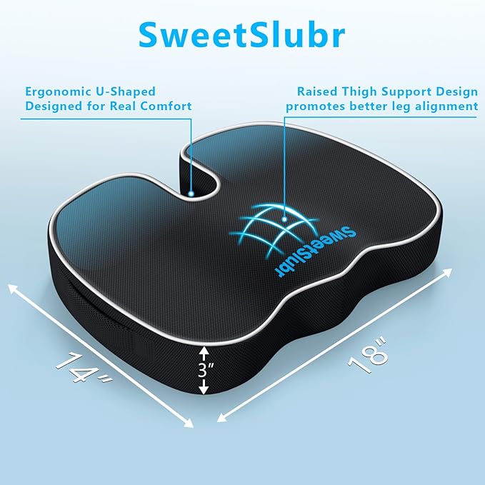 Ergonomic Memory Foam Seat Cushion & Lumbar Support Pillow Set, Orthopedic Coccyx Cushion for Office Chair, Car, Home – Relieves Back, Sciatica & Tailbone Pain, Improves Posture Black/Large