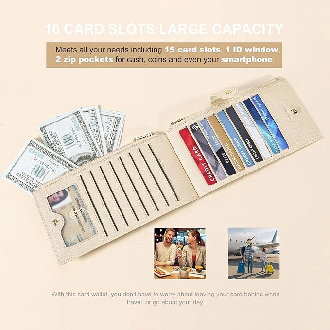 Travelambo RFID Wallet Women Large Size Bifold Multi Card Wallet Case with Zipper Pocke Credit Card Holder for Women