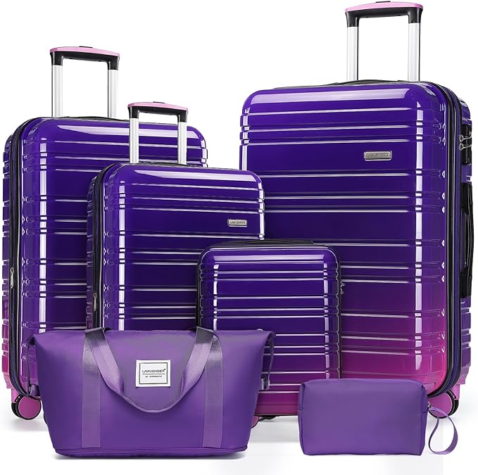 LARVENDER Luggage Sets 6 Piece, Expandable PC+ABS Hardside Multicolor Suitcase Sets with TSA Lock Double Spinner Wheels, Midnight Berry