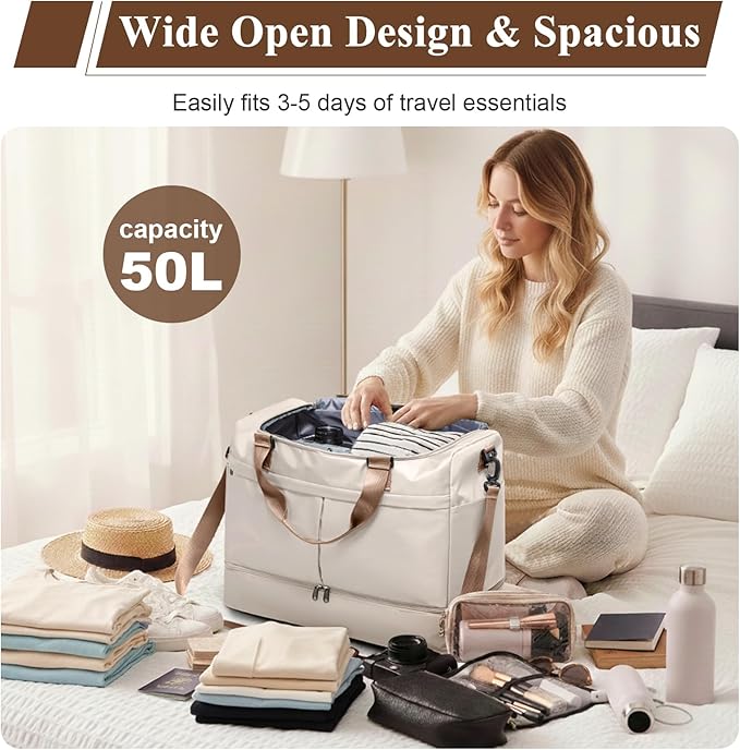 Weekender Bags for Women - 50L Large Travel Duffle Bag with Shoe Compartment - Carry on Overnight Bag for Travel, Weekend Getaway, Gym, Hospital