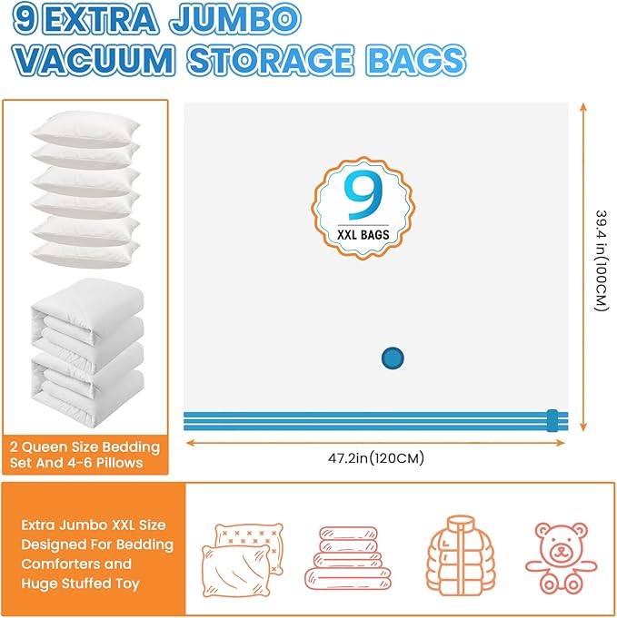 9 Pack XXL Jumbo Vacuum Storage Bags, Double-layer Design Leak-proof and Puncture-resistant, Extra Large Space Saver Vacuum Seal Bags for Comforters, Bedding, Blankets, Huge Stuffed Toy (47.2x39.4 in)