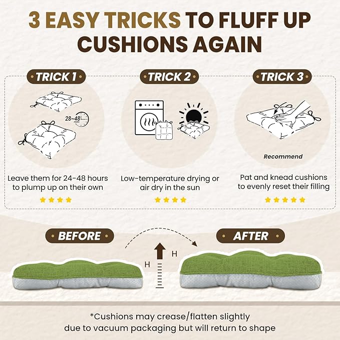 downluxe Indoor Chair Cushions for Dining Chairs, Tufted Overstuffed Textured Kitchen Chair Pads with Ties and Non-Slip Backing, 15.5" x 15.5" x 4", Grass Green, 4 Pack