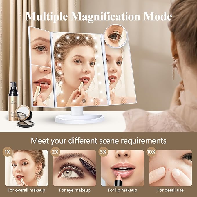 HUONUL Makeup Mirror, Vanity Mirror with Lights, 2X/3X/10X Magnification, Touch Control, Trifold, Dual Power Supply, Mothers Day, Birthday Gifts for Mom,Gifts for Women,Girls, Dorm Room Essentials