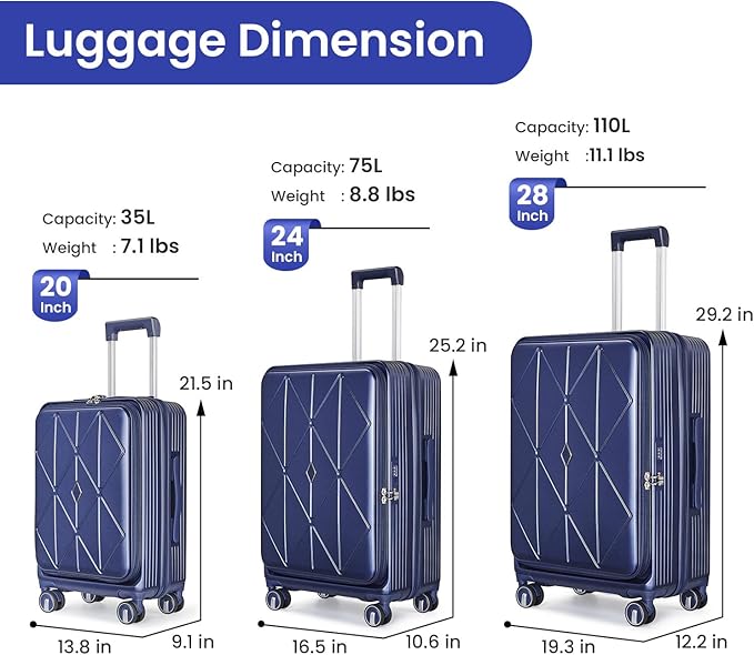 3 Piece Luggage Set 100% PC Hardshell, Front Opening Expandable Suitcase (20/24/28) with Laptop Compartment & Free Custom PVC Covers, Lightweight Spinner Wheels TSA Lock (Navy Blue)