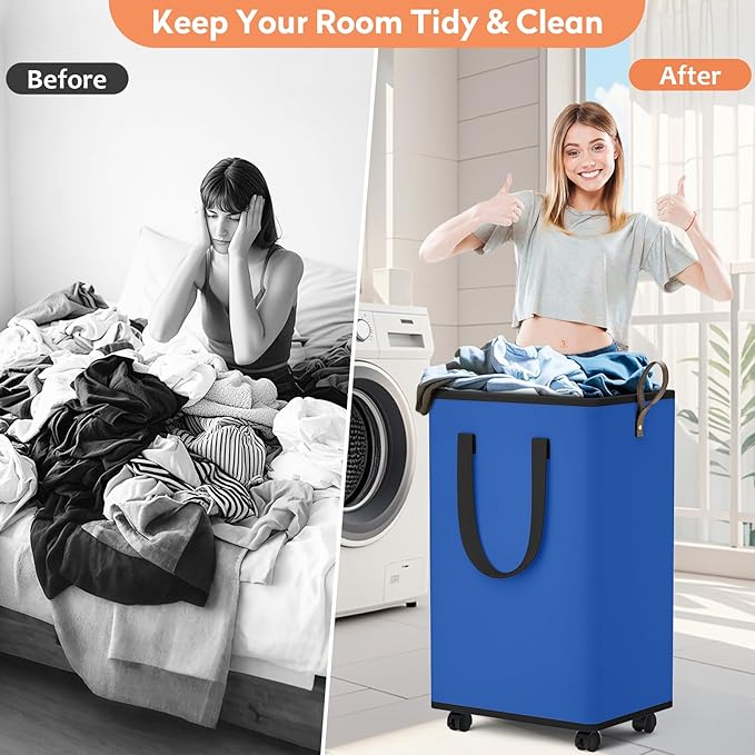 Laundry Basket with Wheels, Collapsible Laundry Baskets, Laundry Hamper with Handles Detachable Wheels, Rolling Laundry Basket, Dirty Clothes Hamper for Bathroom, Dorm, Bedroom, Blue, 100L