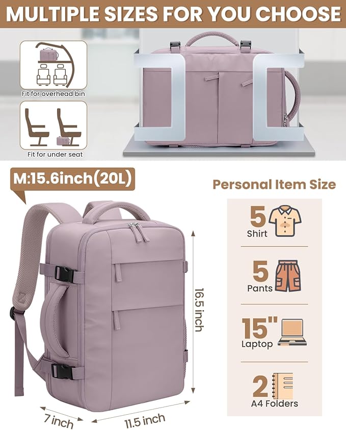 Travel Backpack for Women Man, Waterproof Personal Item Travel Bag Airline Approved Laptop Backpack Bookbag Weekender bags for Business,Travel, Work Fits 15.6 inch Laptop(Medium,Purple)