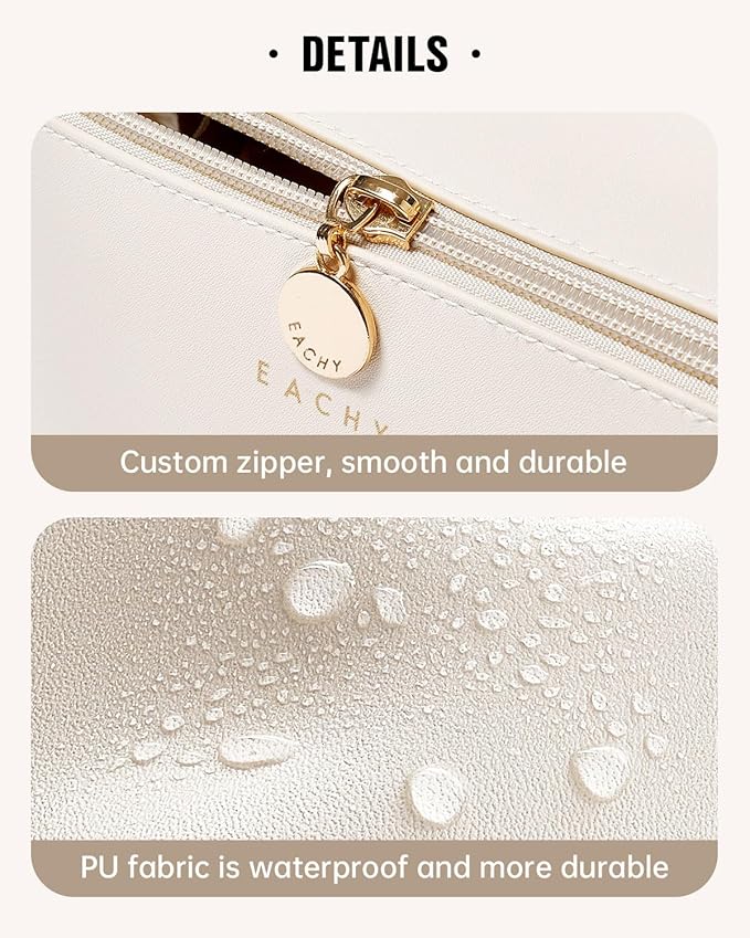 EACHY Travel Makeup Bag, Large Capacity Cosmetic Bag for Women, Waterproof PU Leather, Flat Open Portable Toiletry Bag for Skincare, Brushes & Travel Essentials