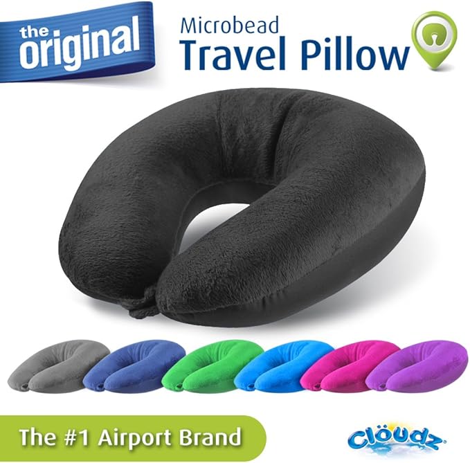 Cloudz Dual Comfort Microbead Airplane Travel Neck Pillow. Super Soft Cozy Plush Fabric on One Side, Cool Relaxing Spandex on The Other! Customize Your Comfort and Support at Home or On The Go!-Black