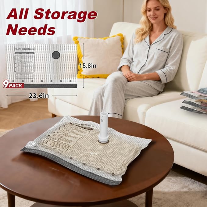 Vacuum Storage Bags with Portable Electric Pump,23.6 * 15.7in,Space Saver Sealer Bags, Airtight Compression Bags for Clothes, Pillows, Comforters, Blankets, Bedding (9 Pack)