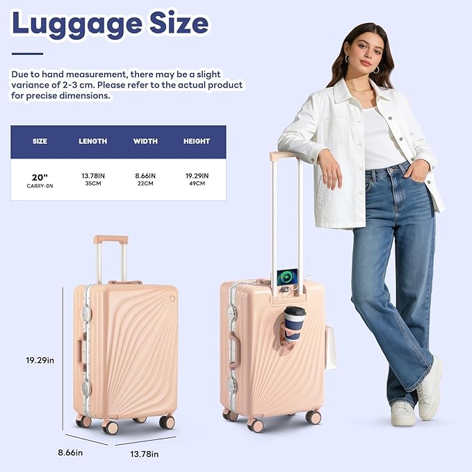 20 Inch Carry On Luggage, Zipperless Luggage with Spinner Wheels, Airline Approved Suitcase with Cup Holder, TSA Lock and USB Charger for Travel, Light Pink