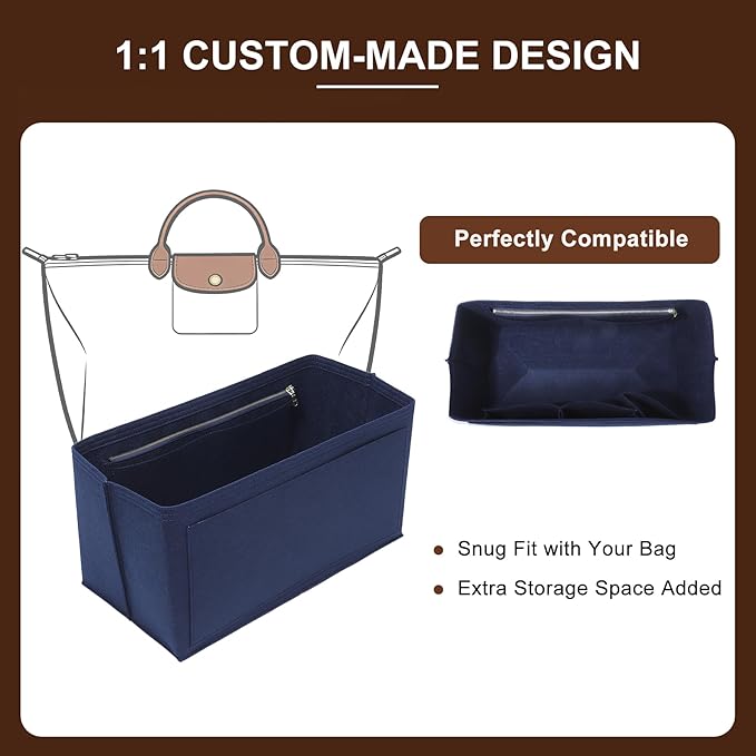 Doxo Felt Purse Organizer Insert for Longchamp Le Pliage L Travel Bag, Longchamp Orgainzer Insert Large with 9 Compartments and Zipper Water Bottle Holder, Fits Long Champ Large Bag (LT, Navy)