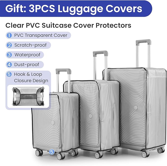 3 Piece Luggage Set 100% PC Hardshell, Front Opening Expandable Suitcase (20/24/28) with Laptop Compartment & Free Custom PVC Covers, Lightweight Spinner Wheels TSA Lock (Navy Blue)