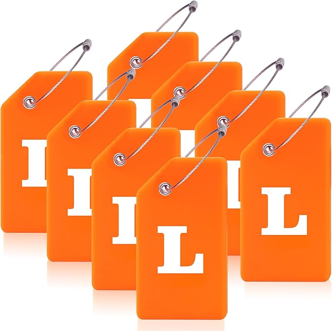 Gostwo 8 Pack Luggage Tags for Suitcases, 26 Initial Letter Travel Luggage Baggage Identification Labels ID Tags Fully Bendable Tags with Stainless Steel Loop (Letter L, Orange)