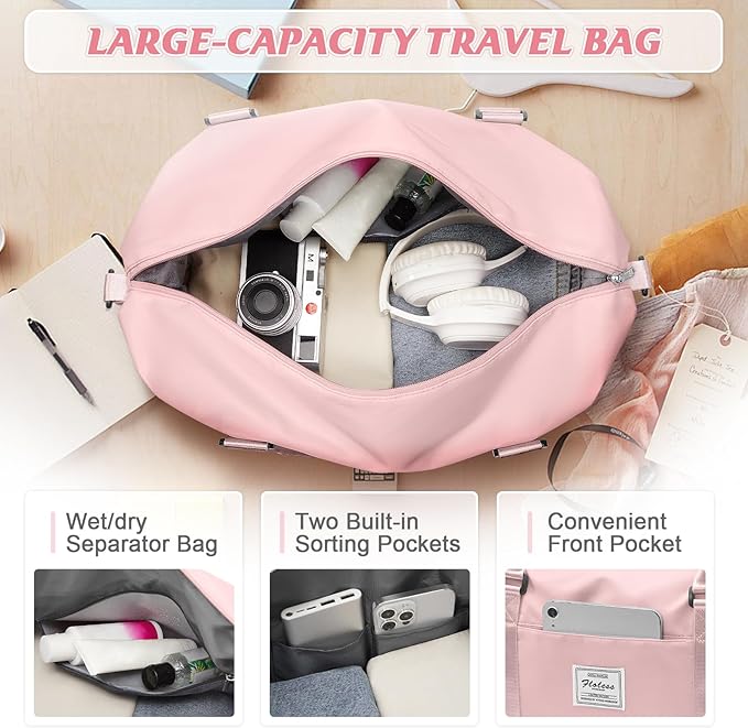 Womens travel bags, weekender carry on for women, sports Gym Bag, workout duffel bag, overnight shoulder Bag fit 15.6 inch Laptop Pink Large