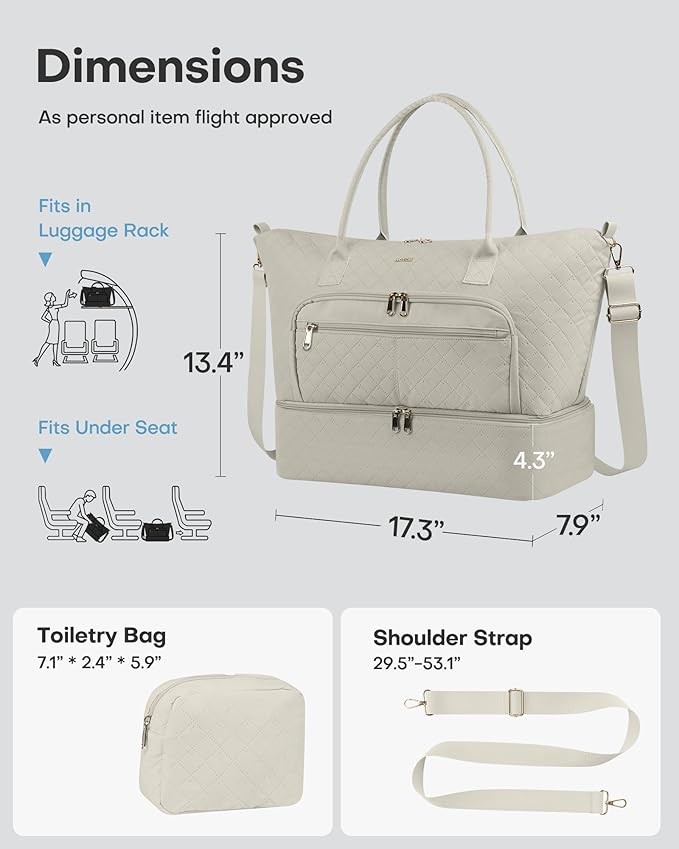 HOTOR Travel Duffle Bag for Women - Carry on Bag with Toiletry Pouch & Shoe Compartment, Large Overnight Weekender Bags for Gym, Business Trips, Sports and Hospital, Beige, 17.3" x 7.9" x 13.4"