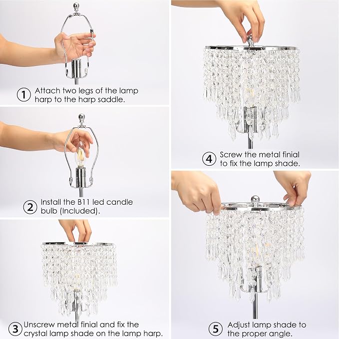 Touch Control Crystal Table Lamp with USB C+A Charging Ports, 3-Way Dimmable Bedside Touch Lamp Decorative Nightstand Lamp with Elegant Lampshade for Living Room Bedroom, B11 LED Bulb Included