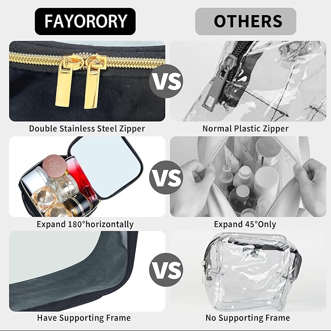 Travel Toiletry Bag,2 Pack Clear Makeup Bags with Handles,180°Opening Clear Cosmetic Bags for Traveling Women,Men,Travel Essentials,Black