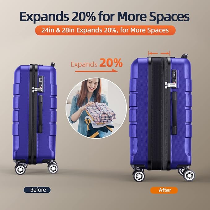 SHOWKOO Luggage Sets Expandable 100% PC Durable Suitcase Sets Double Wheels TSA Lock 4 Piece Luggage Set Royal Blue