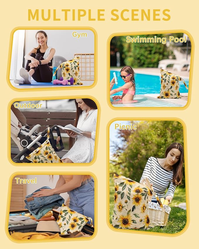 babygoal Wet Dry Bags 3 Pack, Waterproof Travel Bags for Swimsuits, Beach, Pool, Gym,Food Storage and Wet Clothes(Sunflower,Lemon,Stripe),3LN43-B