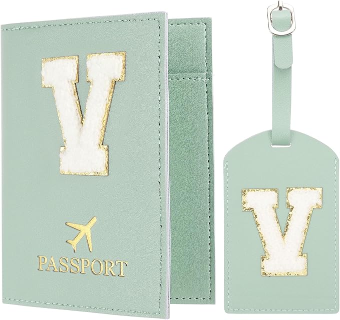 PATIKIL Passport Holder for Travel, Initial Passport Cover and Luggage Tag Set with Alphabet Chenille Letter Patch Travel Wallet Bag Suitcase Identifier for Women Family Travel Green V